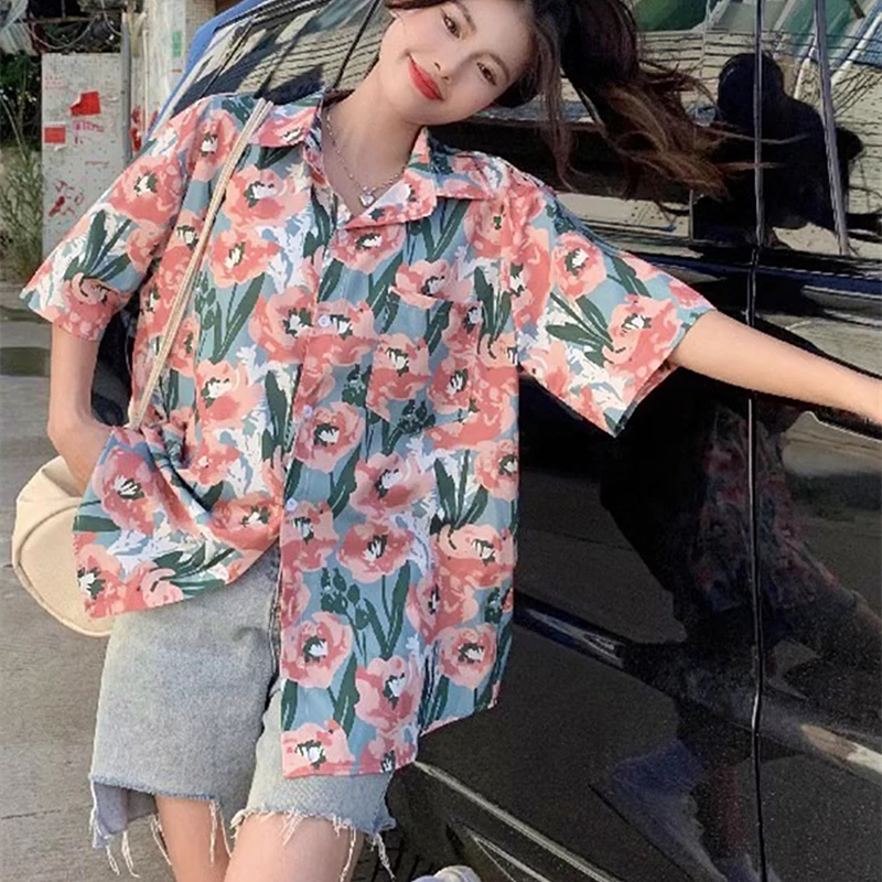 New Hawaiian Lovely Pink Flower Shirts Men Women Y2K Rose Oil Painting Casual Blouse Summer Beach Loose Button Up Cardigan Coats