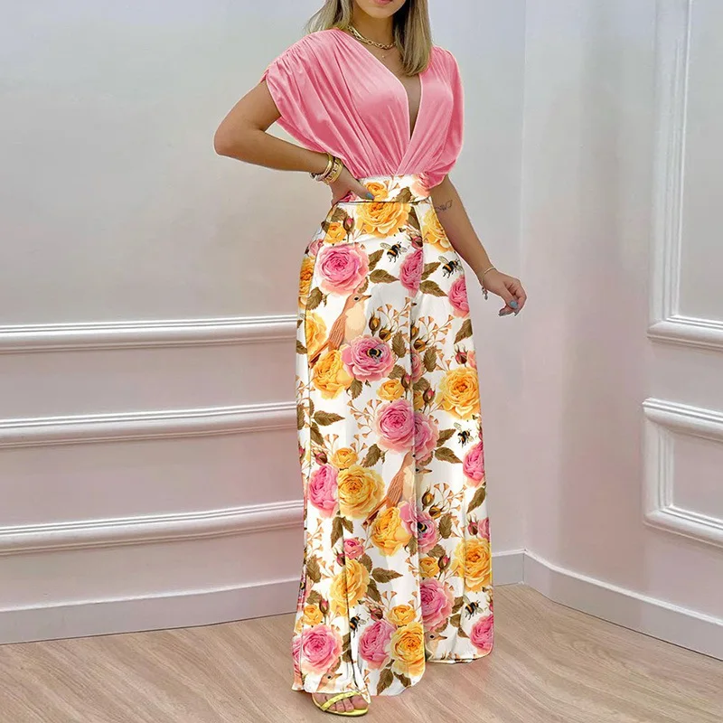 

2024 summer new temperament V-neck printed wide-leg pants fashion casual suit