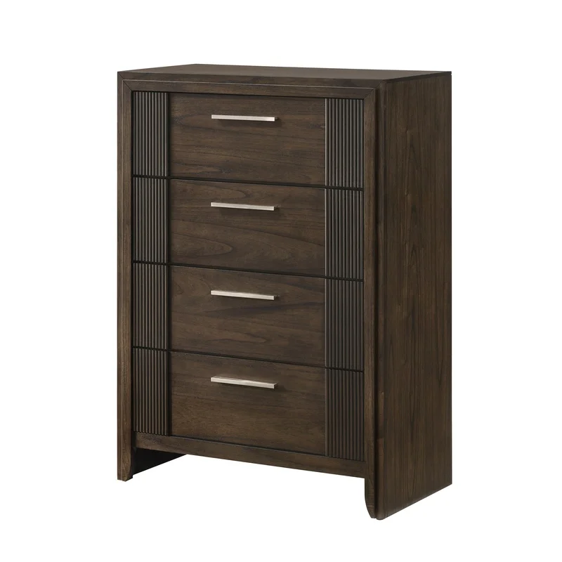 

1PC Modern 4-Drawer Chest, Brown Wood Finish, Rustic Style, Polished Metal Handles, Solid Wooden Storage Furniture