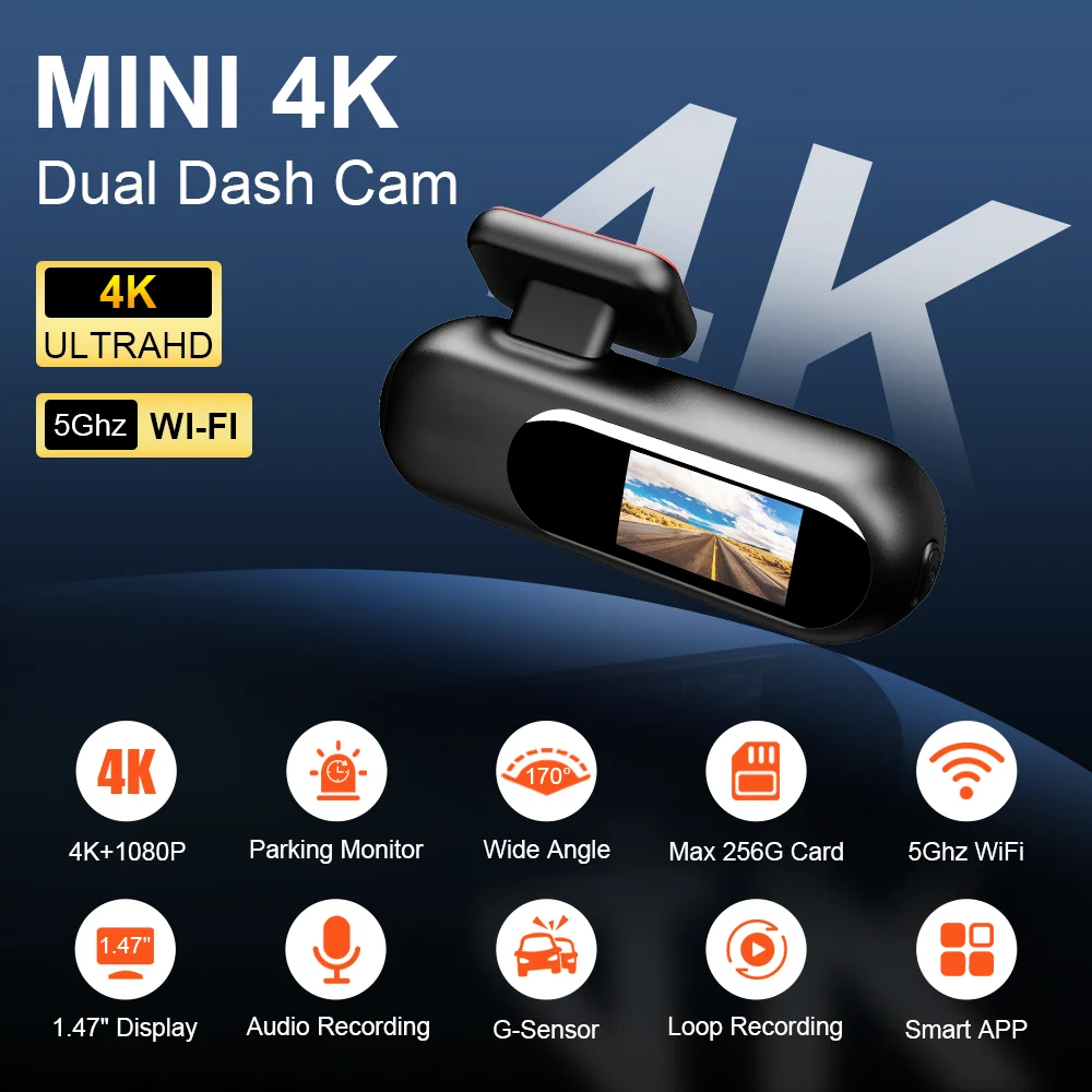 4K Ultra HD Dual Camera WiFi Car Dashcam DVR APP Control G-Sensor Loop Recorder 24H Parking Night Vision Vehicle Video Camera
