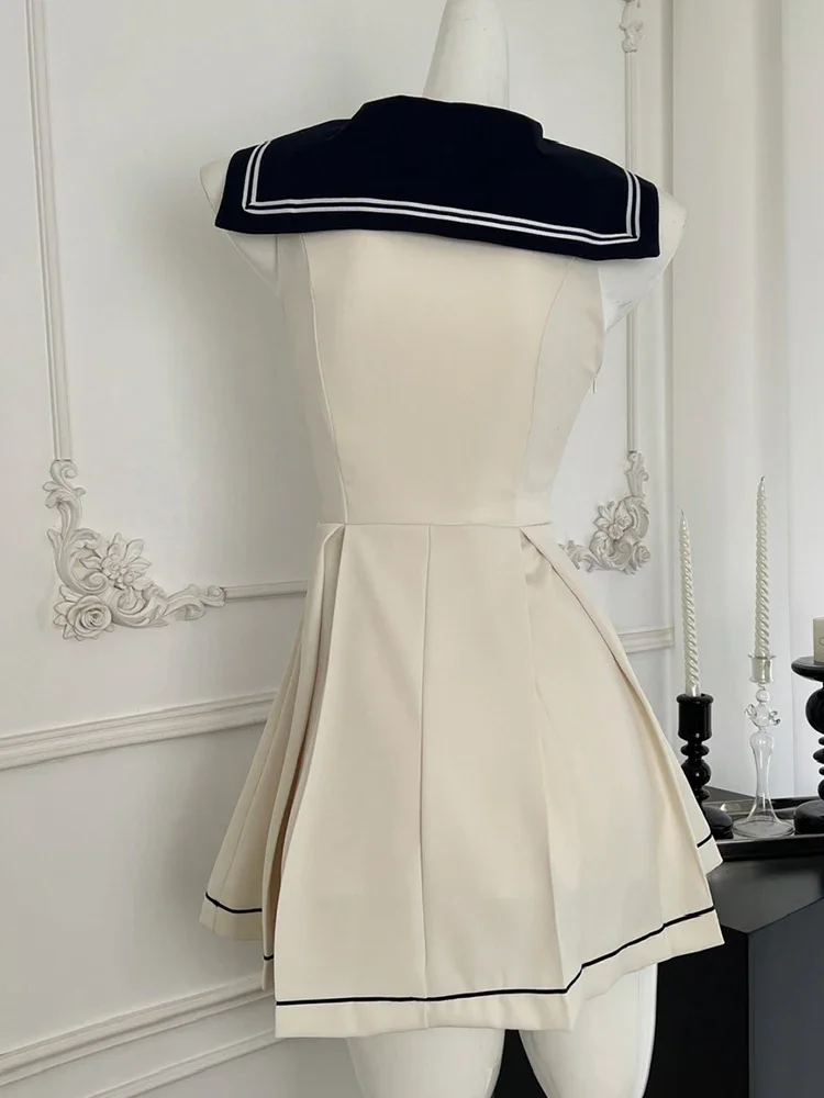 Summer French Vintage Sleeveless 2000s Aesthetic Mini Bow Sailor Collar Dress Women Gyaru Preppy Frocks One-Piece Evening Party