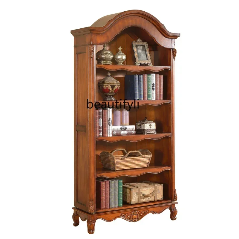

American-Style Solid Wood Arch Bookcase Study Furniture Living Room Cabinet European-Style Retro Shelf Floor-to-Wall