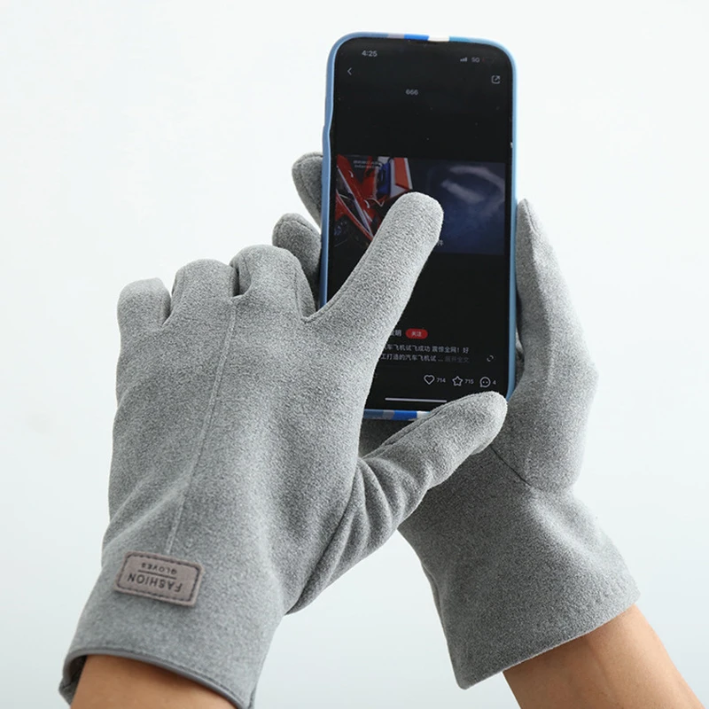 قفازات نسائية شتوية تعمل باللمس من جلد الغزال مع مخمل داخلي سميك، لون موحد لركوب الدراجات في الهواء الطلق والقيادة