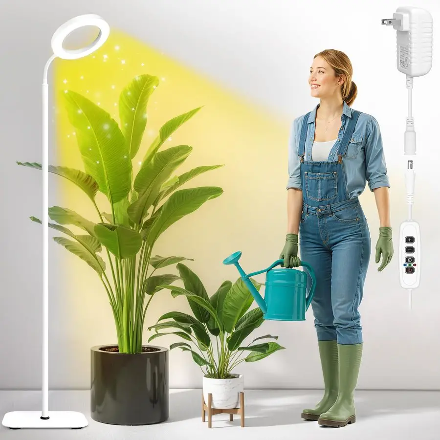 

Lights for Indoor Plants,Floor Lamp with 63IN Stand,Full Spectrum,10 Dimming,Halo Ring Warm Light, 3 9 12H Timer,Height Adjustab