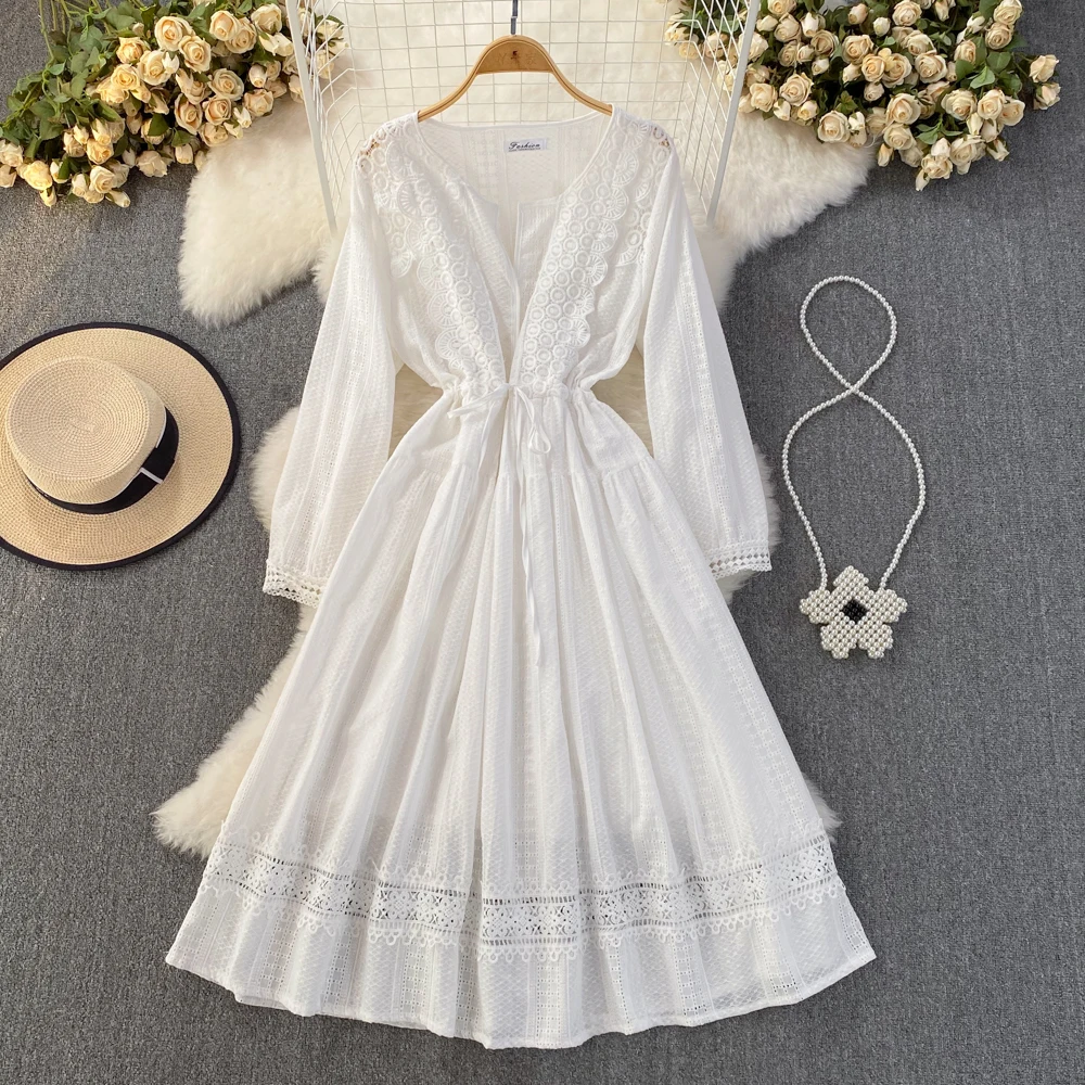 Summer Chic and Elegant Dress for Women White Lace Patchwrok Hook Flowers Deep Neckline Bohemian Dresses Beach Vacation New In