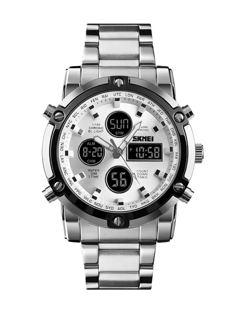 Skmei 1389 3 Time Back Light Display Digital Watches Mens Full Steel Strap Quartz Wristwatch Countdown Clock Relogio Masculino view 6