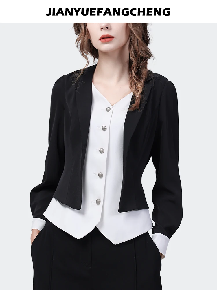 2024 Spring New Fake Two Pieces Design Women Long Sleeve Shirt Elegant Slim Black-white Color Blocking Work Casual Blouses