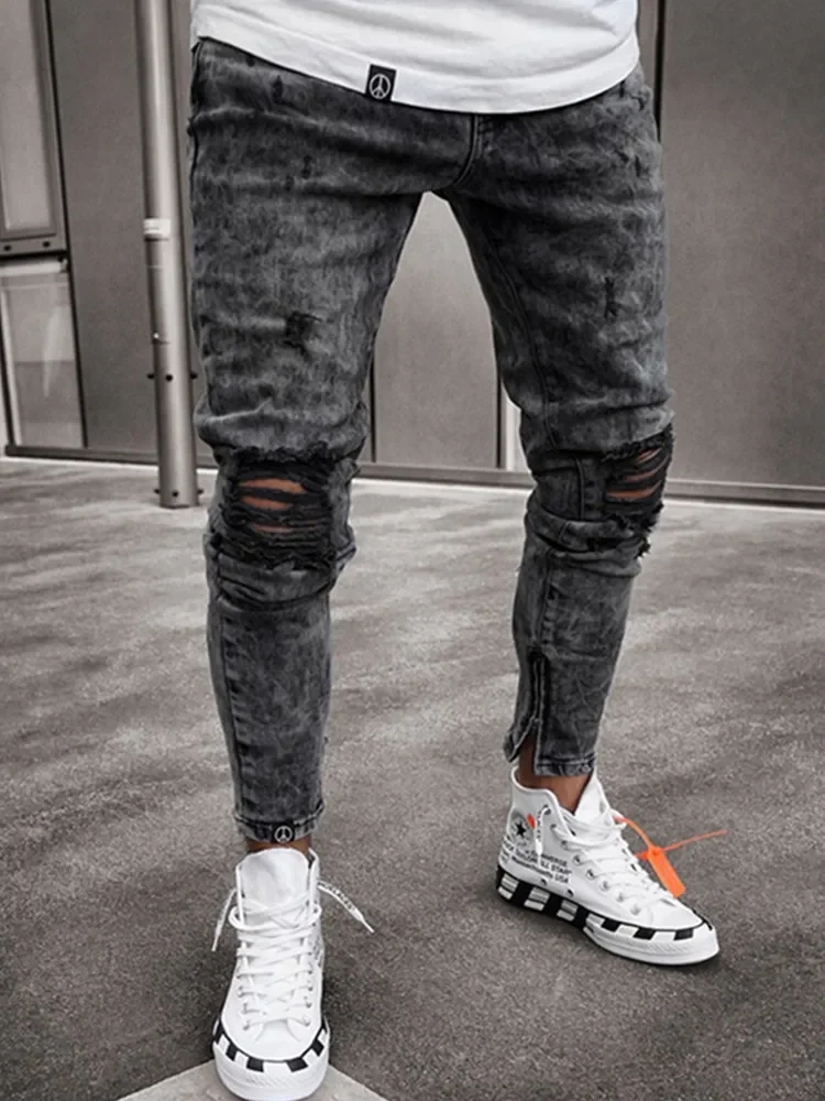 Biker Jeans Men's Distressed Stretch Ripped Biker Jeans Men Hip Hop Slim Fit Holes Punk Jeans Zipper Pure Color Denim Pants