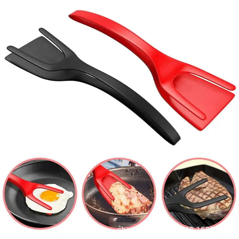 2 In 1 Multifunctional Non-Stick Food Clip Tongs Fried Egg Cooking Turner Pancake Spatula Pizza Barbecue Omelet Kitchen Clamp