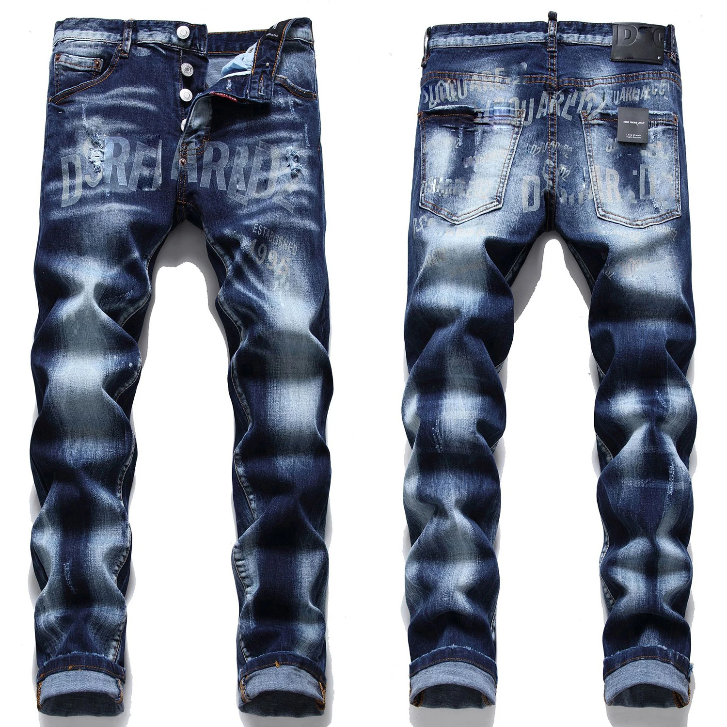 

Light Luxury Men’s Slim-fit Stretch Blue Denim Pants,Printing Decors Scratches Ripped Casual Jeans,Stylish Sexy Street Jeans;