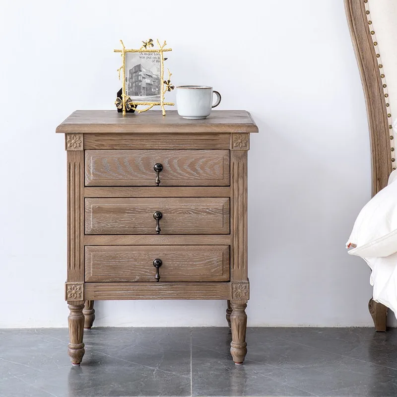 American country solid wood three-draw oak bedside table simple bedroom locker carved bedside bedside cabinet