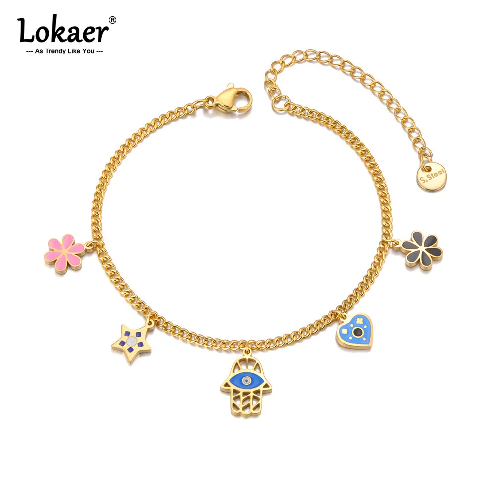 Mode 316L Edelstahl Emaille Fatimas Hand Charm Armband Armreif Für Frauen Täglich Trendy Blume Wasserdicht Schmuck B23180
