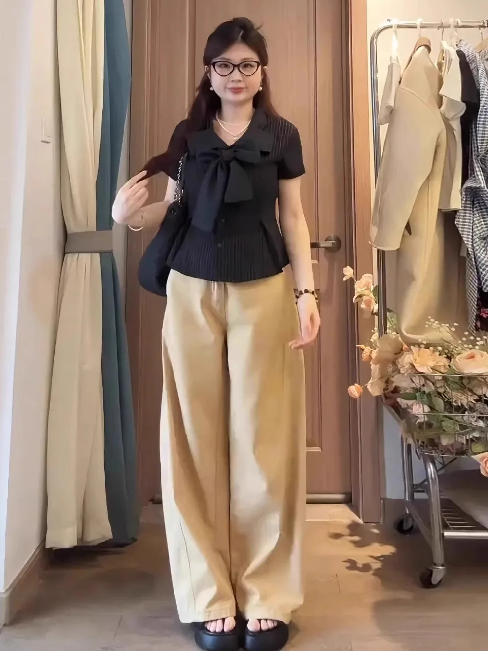 Ele Knot ort Sve irt Damen Faion Schlankheitsstreifen-Top Korean Sle Commute Wind Plus Size Big MM