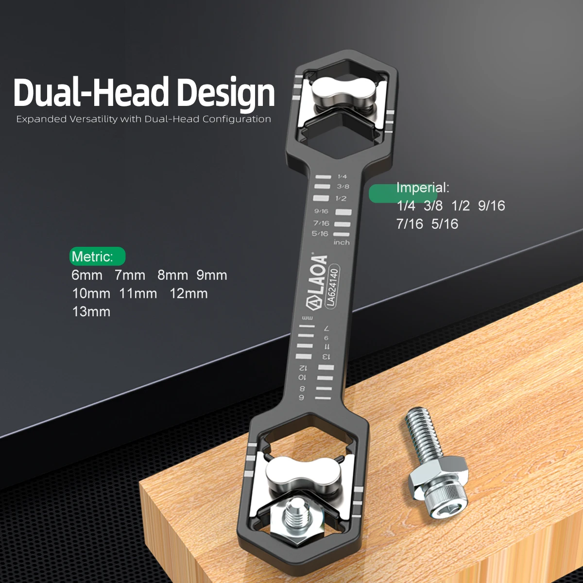 LAOA Mini 2-in-1 Adjustable Wrench Metric Imperial 6-13mm 1/4-9/16inch Press Button Fast Adjustment Non-Slip Portable Hand Tool