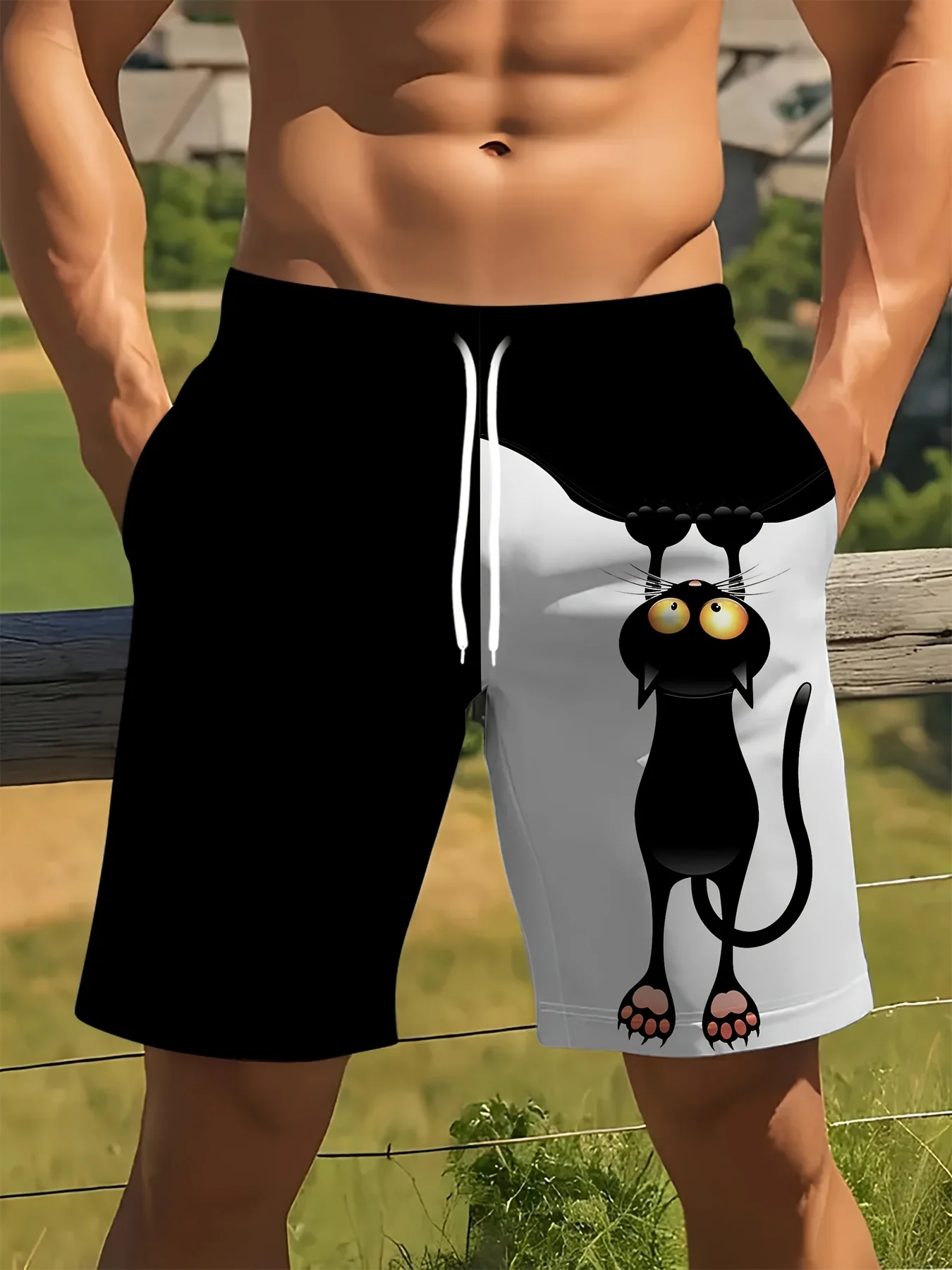 

Мужские повседневные шорты с геометрическим узором, забавный дизайн, легкие, быстросохнущие, черно-белые, контрастные, пляжная одежда, уличные штаны