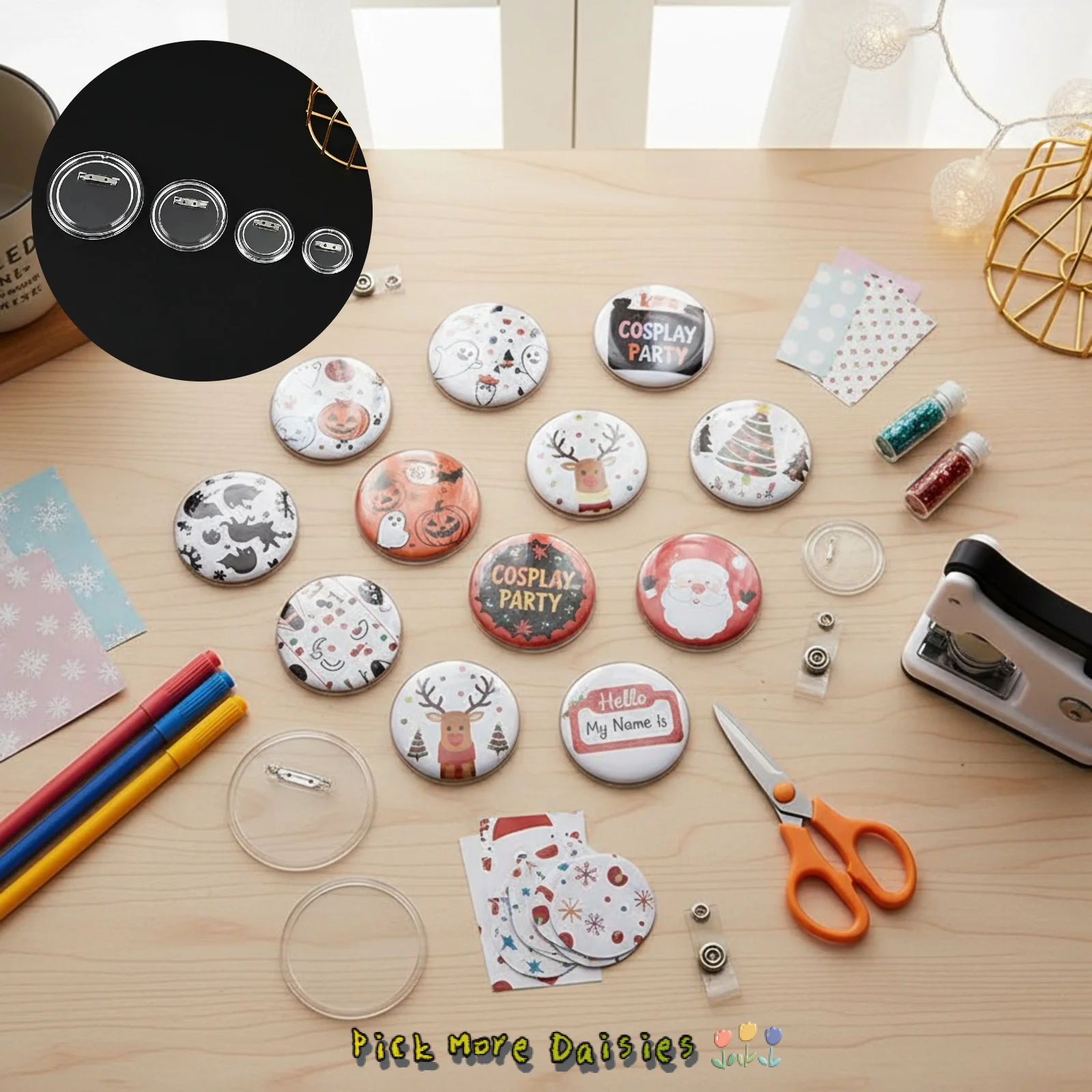 

Round Badge Making Kit DIY Pin Button Supplies | For Custom Name Tags, Brooches, Cosplay Party Crafts