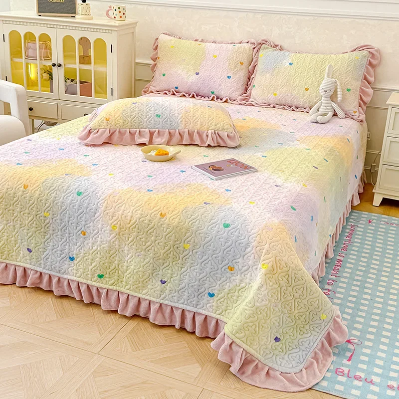 Korean Lace Milk Velvet Cotton Bed Cover Autumn Winter Thicken Quilted Blanket Machine Washable Bed Sheet Pillowcase