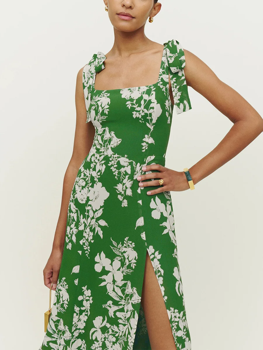 Zomer Jurken Voor Vrouwen 2023 Mouwloze Tie Band Bloemenprint Strand Jurk Voor Vakantie Elegante Midi Jurk Met Slit Zonnejurk