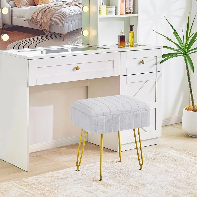 Stool with Storage, Vanity Stool Chair, Faux Fur Vanity Chair with Gold Leg, Footrest Footstool Ottoman, Multifunctional Makeup