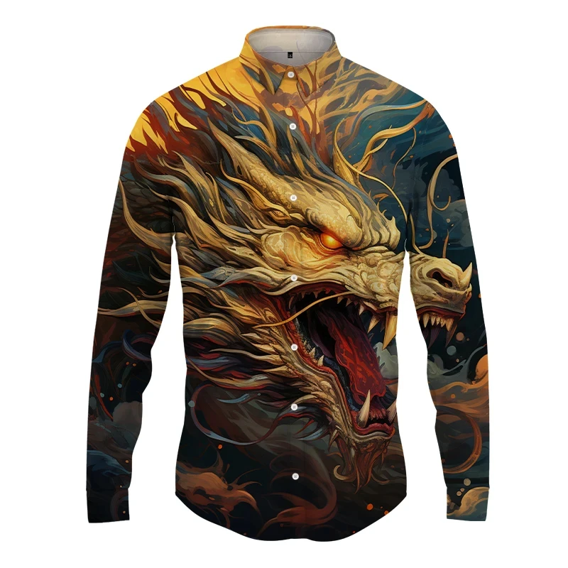 Chemise hawaïenne à manches longues avec imprimé dragon 3D pour hommes, vêtements de rue, boutons, mode printemps et automne, nouveau, Y