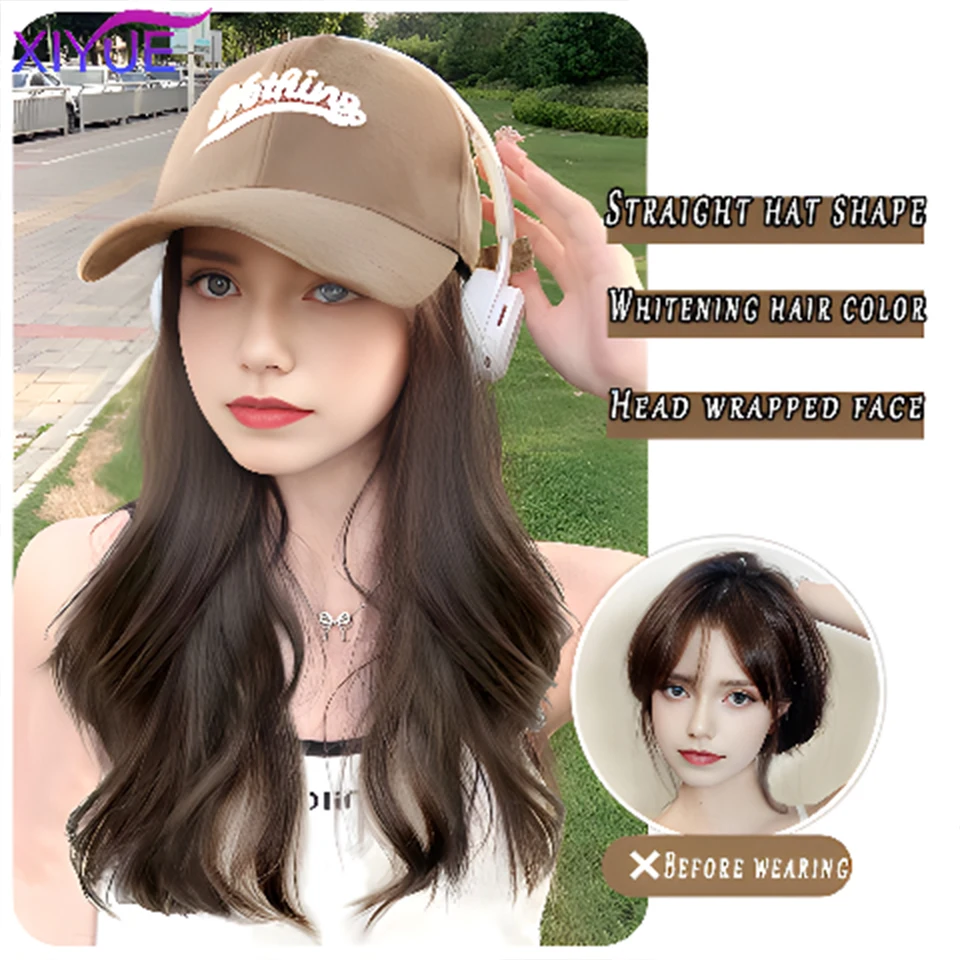 XIYUE  Hat wig female long hair one piece female fashion lazy slightly curly hair baseball cap wig full head cover