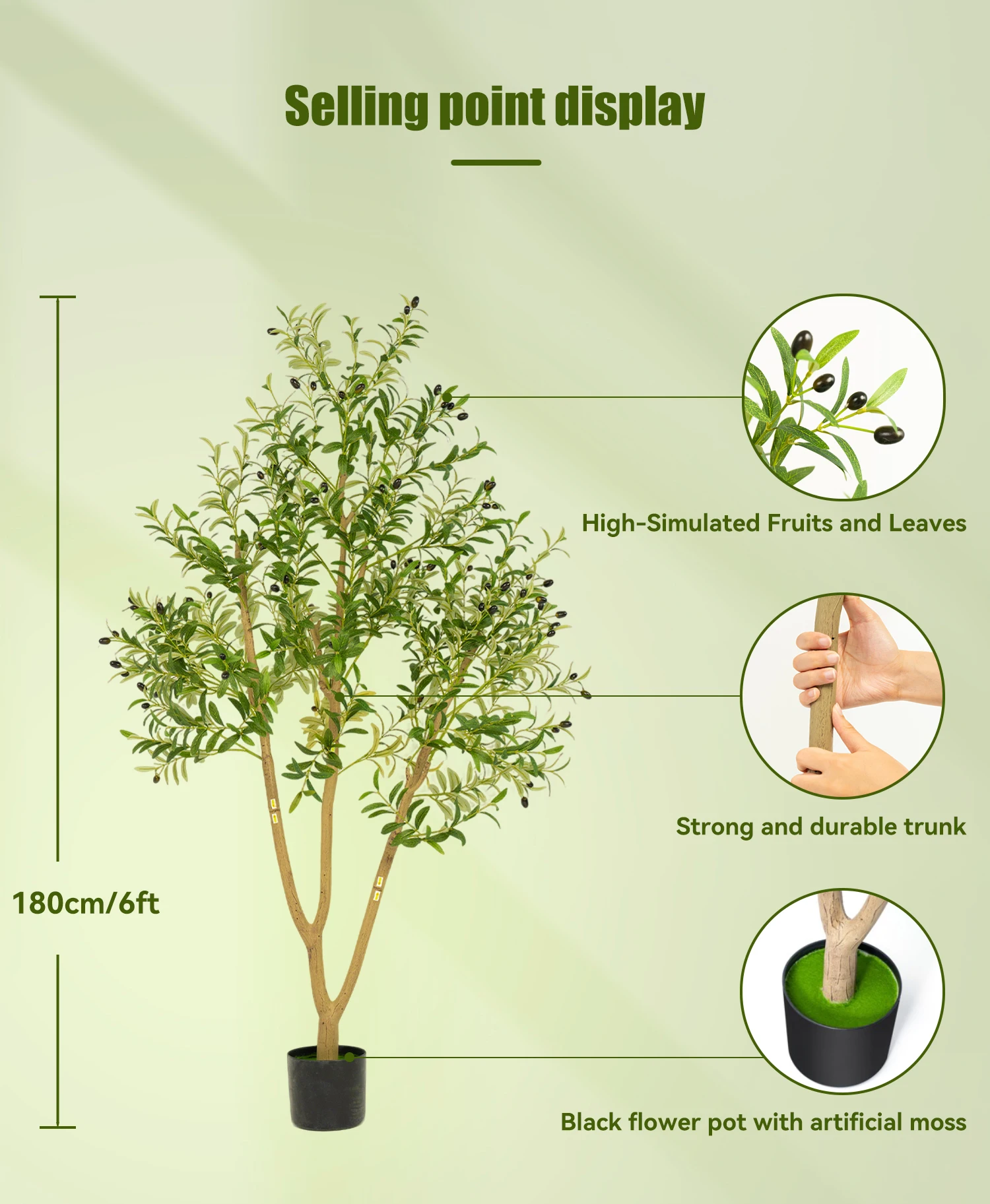 6FT künstlicher Olivenbaum – Allwetter für Innen- und Außenbereich, ganzjährig für Terrassendekoration, Wohnzimmerakzente und Weihnachtsstyling. – Detail 2