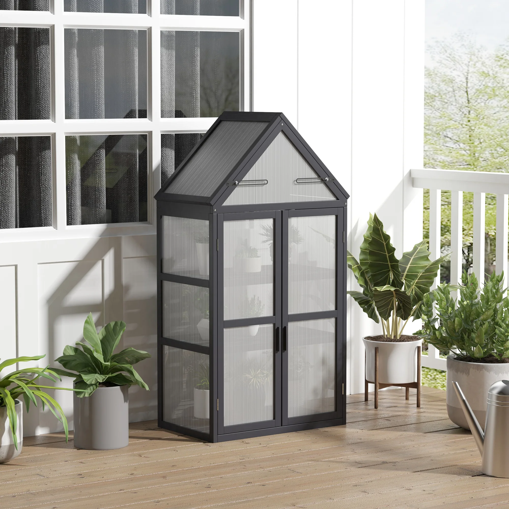 Outsunny Frühbeet Mini Gewächshaus 3 Ebenen Doppeltüren Holz Polycarbonat Natur