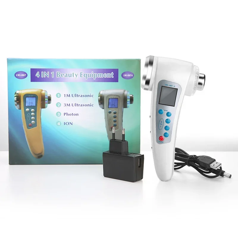 Masażer ultradźwiękowy do twarzy i ciała z podwójną głowicą, kawitacja, 7 kolorów LED, terapia fotonowa, pielęgnacja skóry, lifting, redukcja zmarszczek.
