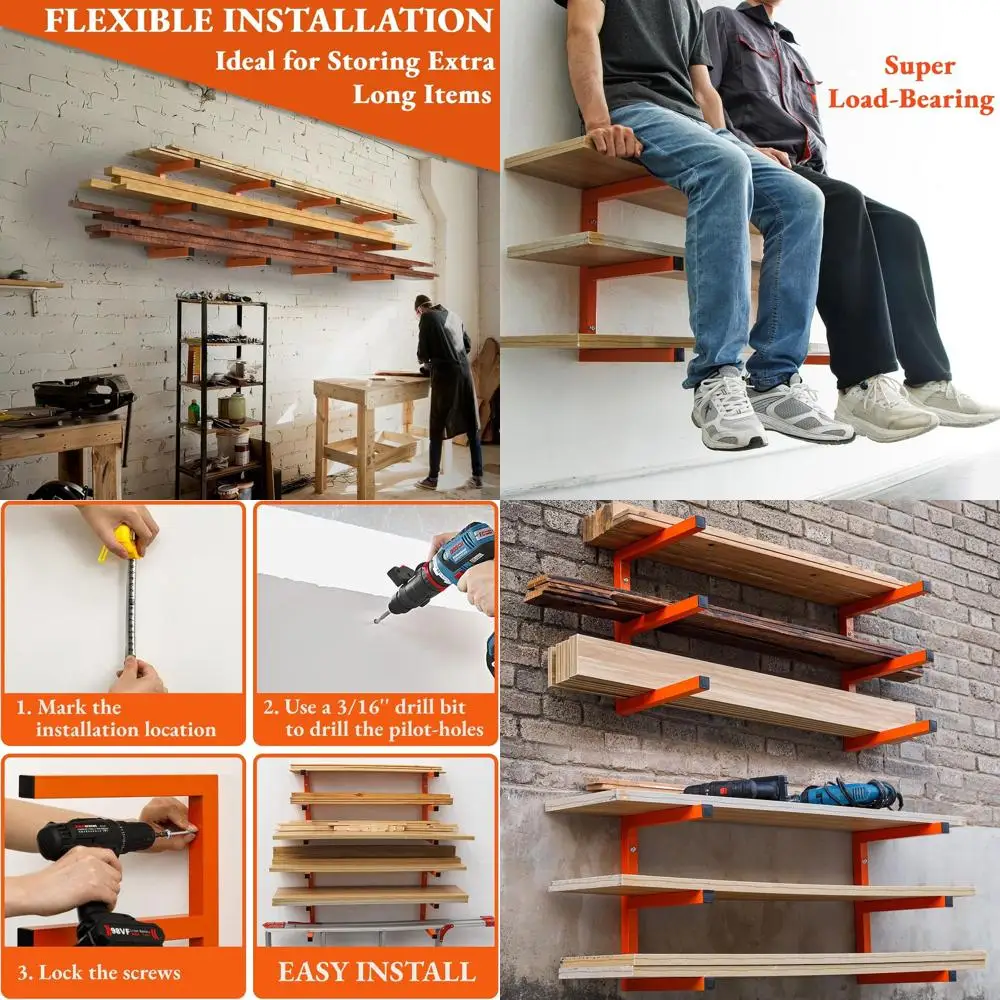 

6-Tier Heavy Duty Wall-Mounted Metal Lumber Rack, Holds 200lbs per Shelf, Indoor/Outdoor, 4-Pack