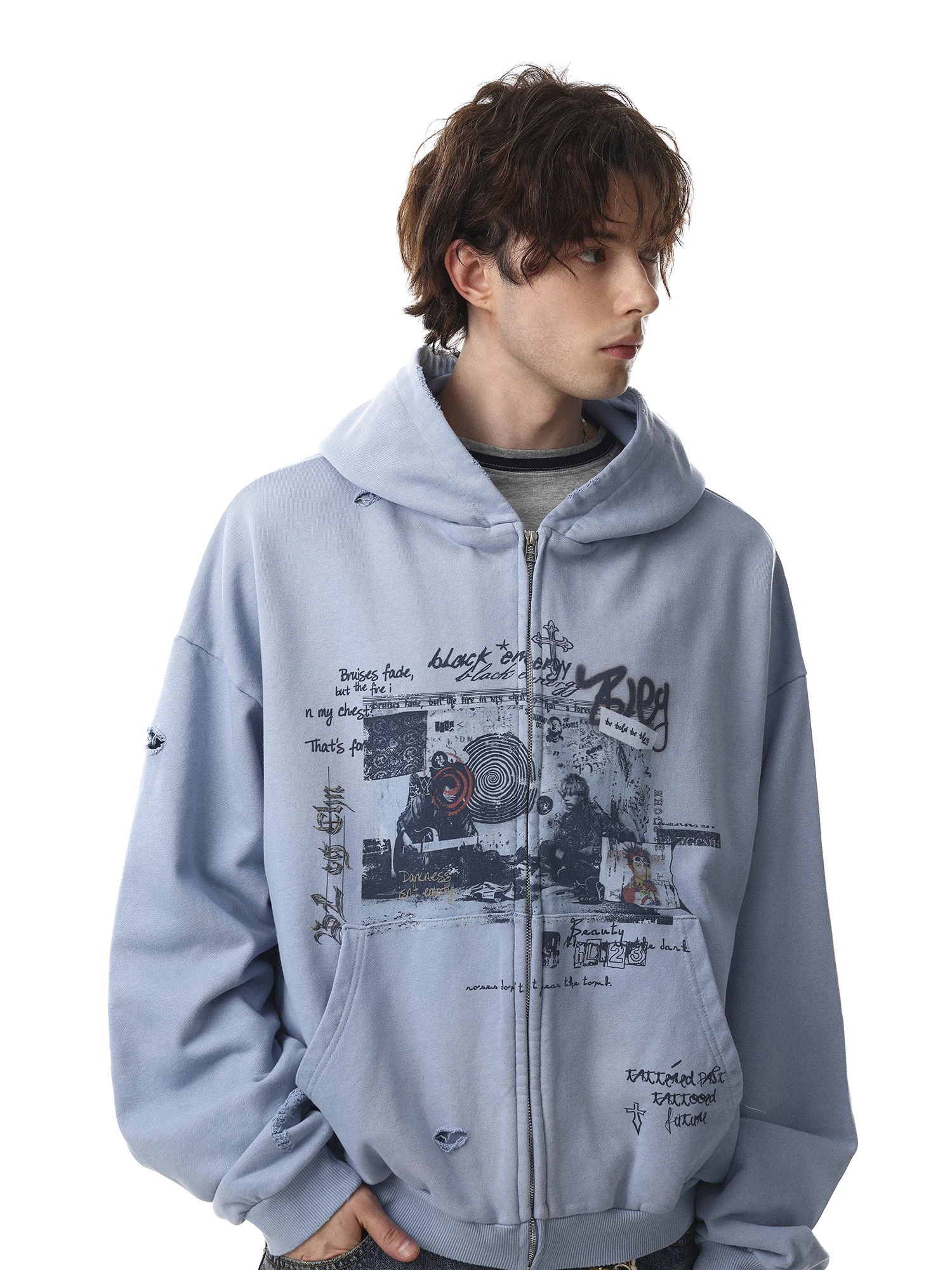 MRNEARLY American Street Style Hoodie Men Loose Creative Funny Print Zipper Open Cardigan Jacket Retro Wash Long Sleeve Sweat...