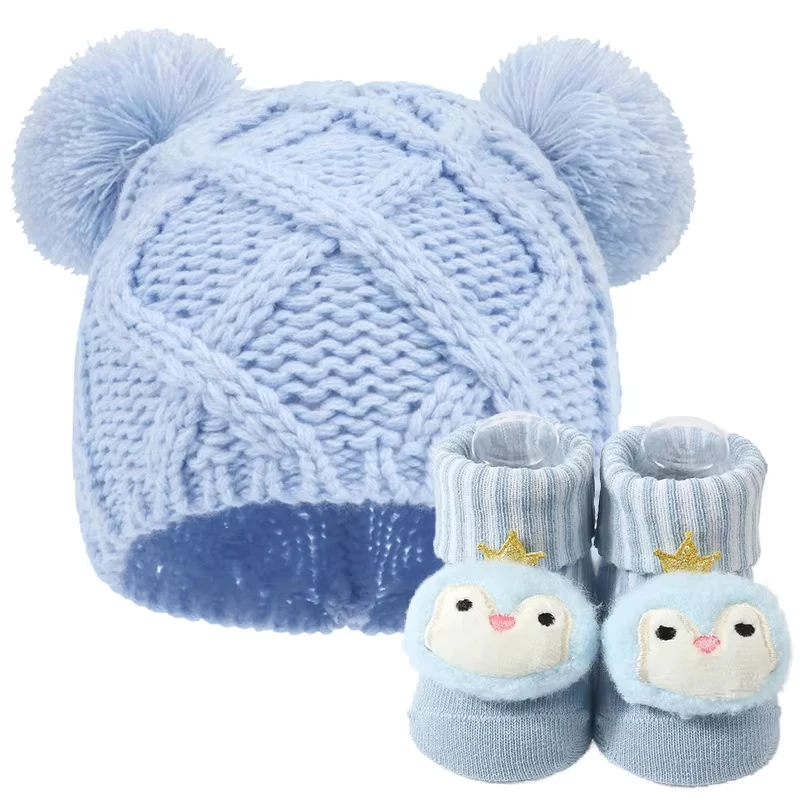 

Cute Winter Warm Kids Girl Boys Baby Hats Cartoon Animal Newborn Socks Set Knitted Wool Fur Ball Caps Baby Ear Protection Hats