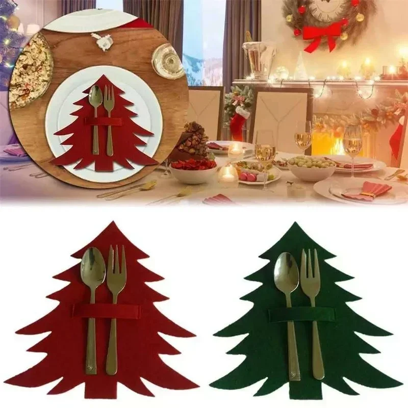 Red Green Xmas Tree Utensil Holders For Forks Knives Christmas Dinner Table Decor Festive Place Settings Holiday Party Supplies