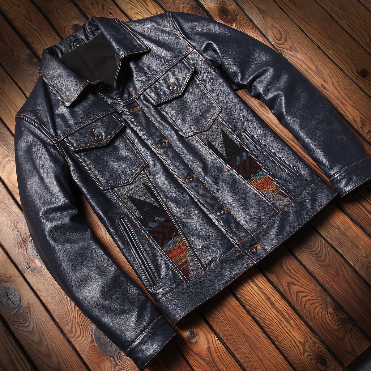 

Navajo Genuine Leather Jacket Men's Patchwork Tweed Totem Blue Dye Top Layer Cowhide Jacket Men's Outerwear Autumn Fashion