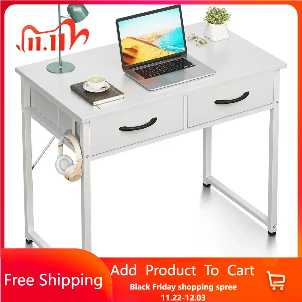 Small Desk with Fabric Drawers- for Bedroom, White Vanity Desk with Storage, Home Office Computer Desk for Small Spaces