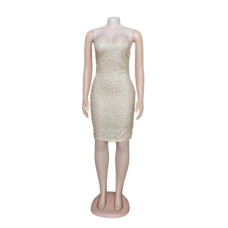 2024 Party Sequin Dress Ladies Nightclub Sexy Dress Strapless Sleeveless Sequin Stitching Mesh Bodycon New Fashion Mini Dress