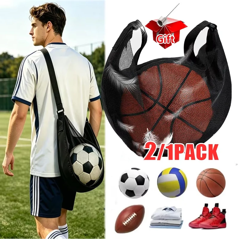 2/1pcs Anti-Tear Mesh Single Ball Bag Fits Size 7 Basketball Soccer Volleyball Crossbody Carrier With Adjustable Strap & Zipper