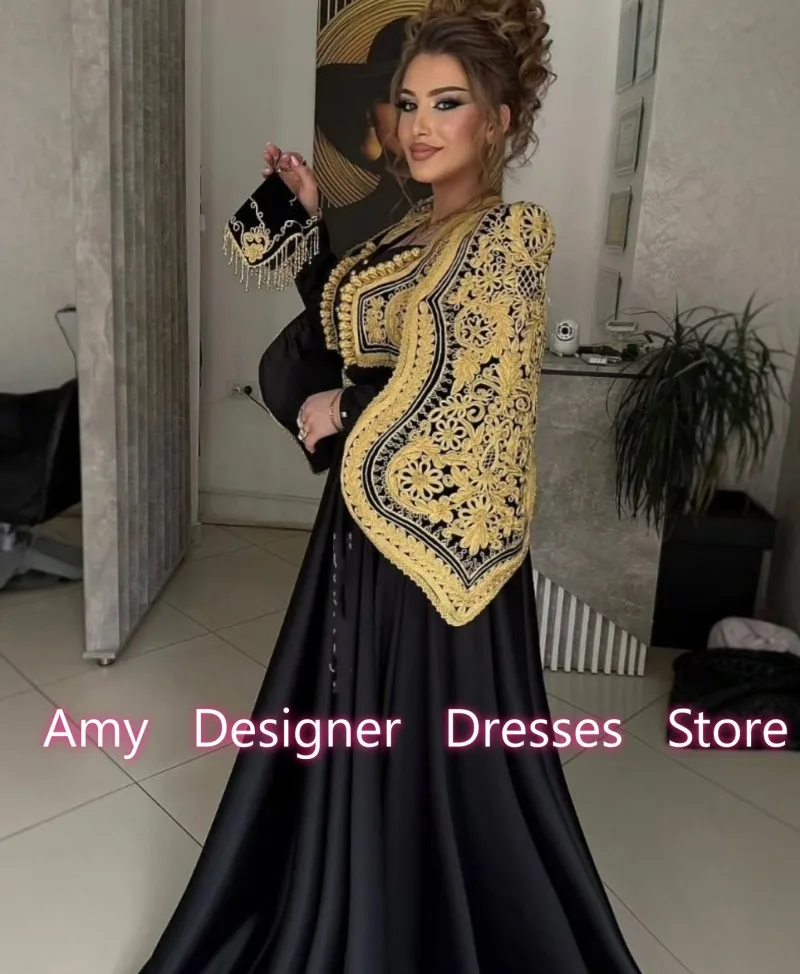 Generous Arabic Evening Dresses 2026 Gold Applique Long Sleeves Wedding Party Dress Graceful Dinner Gowns Females Customized