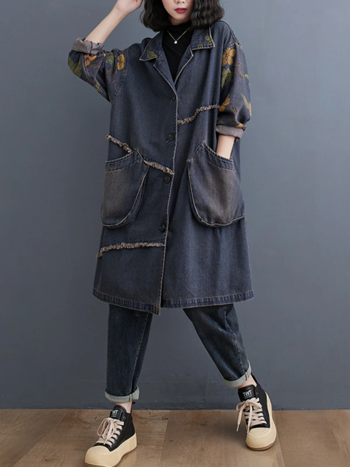 

Sli Ретро принт большого размера джинсовая куртка повседневная свободная утягивающая ветровка пальто модная весна осень хлопок полиэстер