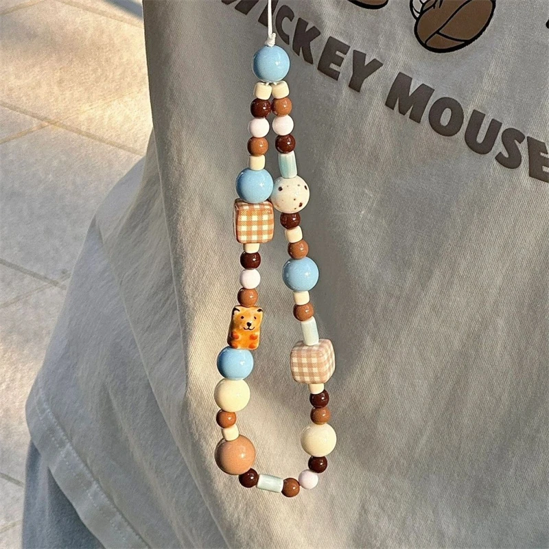 Korea Cute Brown Puppy Grid Block Blue Bead Beaded Phone Chain Charm Lanyard For iPhone 16 Samsung Universal Accessories Jewelry