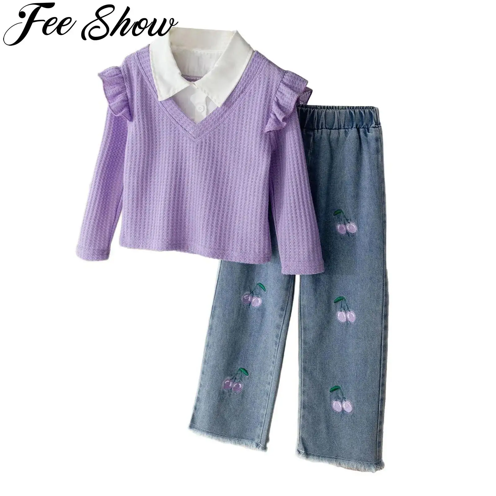 أطفال بنات ربيع الخريف ملابس غير رسمية موضة كم طويل محكم بلايز مع الكرز التطريز الدنيم السراويل ملابس الأطفال #1