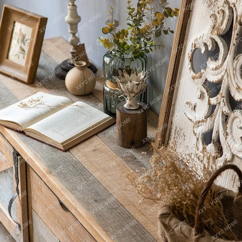 L retro solid wood decorative cabinet log industrial style homestay floor-to-ceiling TV cabinet