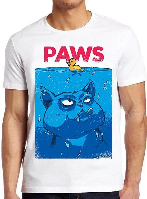 Paws Jaws Cat Kitten Duck Anime Poster Parody Funny Meme Adult Cool Music Fashion Top Retro T Shirt 1416