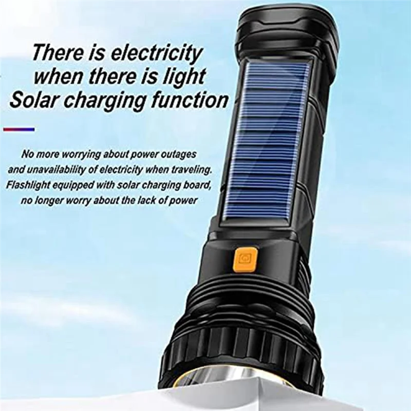 

【HOT】Solar/Rechargeable Multi Function LED Flashlight,Waterproof,With Emergency Strobe Light,USB Charging Cable,Fast Charging Du