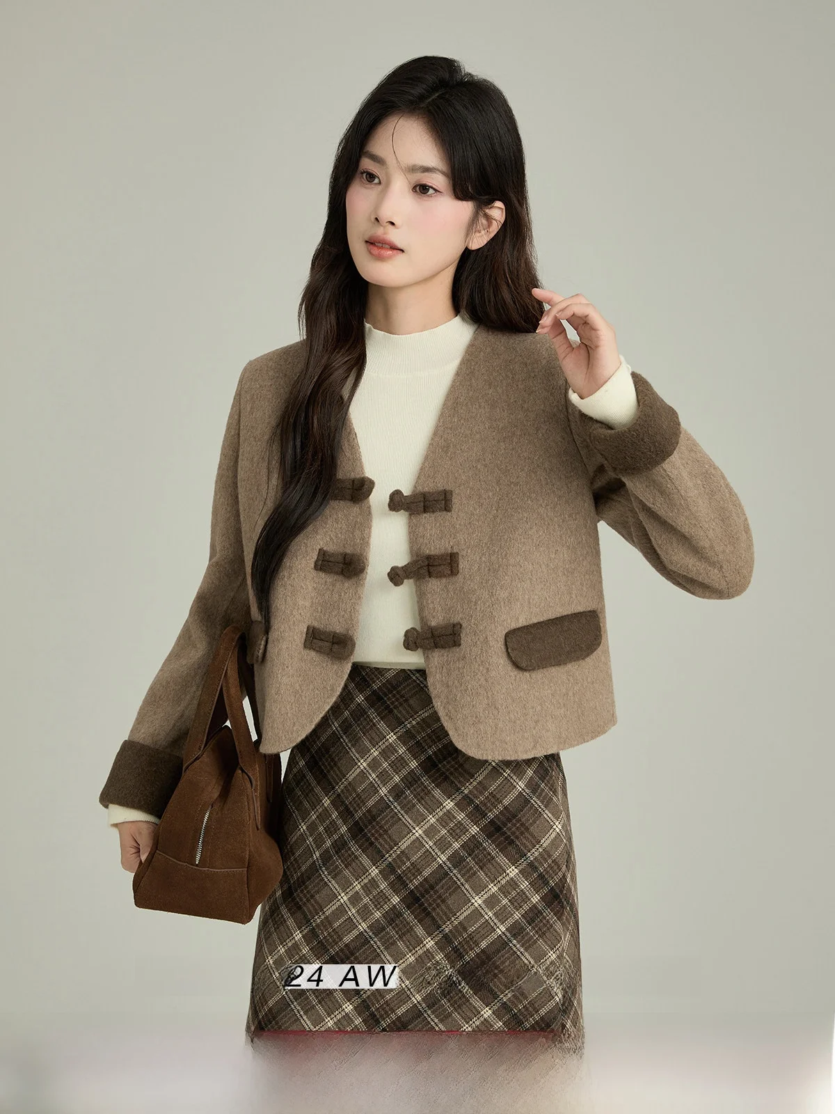 

Cé Brown ort Double-Sided Woolen Coat Women's Warmth Design Winter Outerwear Commute Sle Long Sve V-Ne Single Button