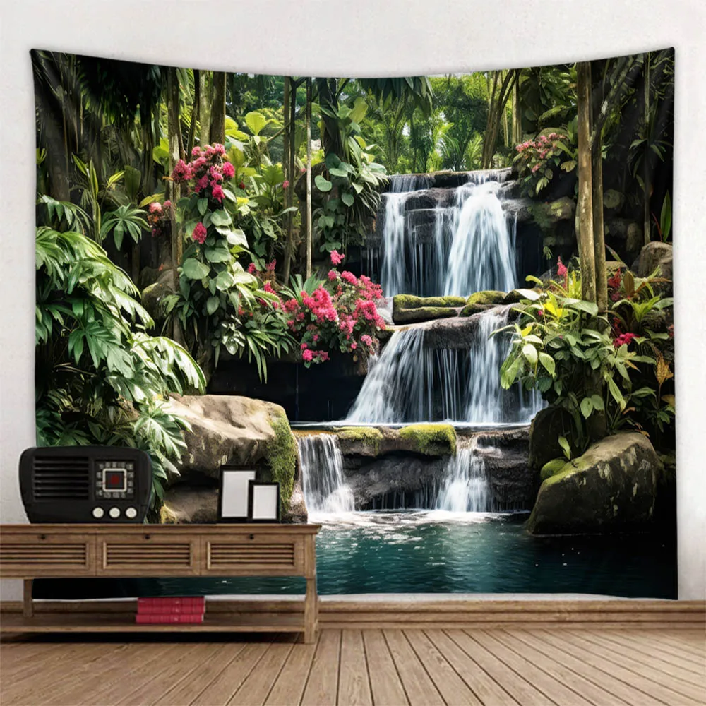 Natural forest tapestry, green trees, flowers, waterfalls, wall paintings, bedroom aesthetics, home decoration, jungle tapestry