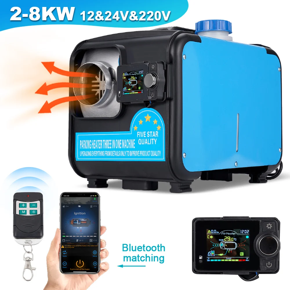 

12V 24V 220V Car Diesel Heater 2KW-8KW Portable Bluetooth Control Single Hole 3 In 1 Aluminum Shell Air Parking Heater