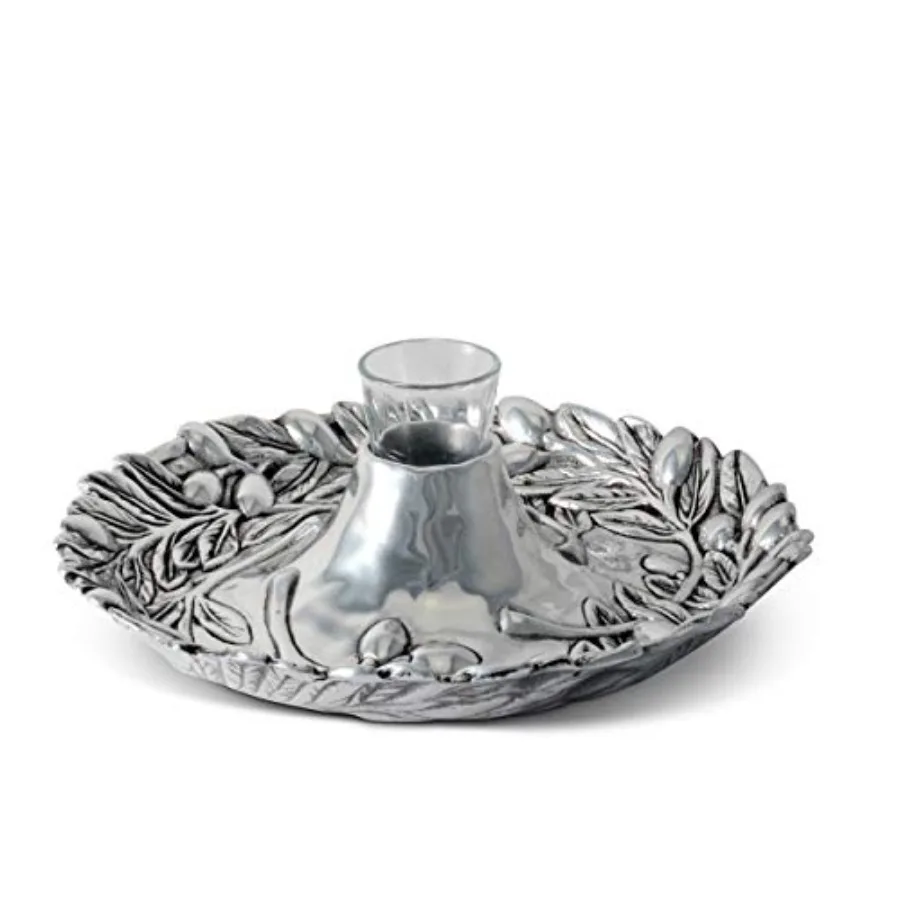 

Aluminum Metal Olive Pattern Tidbit Cheese Hors d'oeuvres Tray with Glass for Toothpick Outdoor Entertaining Platter Plate Aram