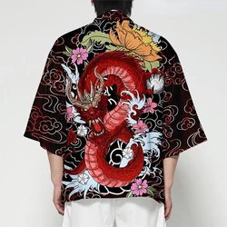 Dragon Print Yukata Unisex Cardigan Hawaiian Shirt Traditional Haori Obi Kimono Cosplay Clothes Harajuku Kimono Japanese Fashion