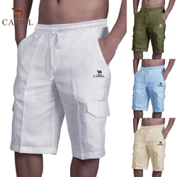 Shorts de linho de algodão puro CAMEL bordado de alta qualidade para moda masculina de verão, roupa de banho de praia casual, confortável e respirável