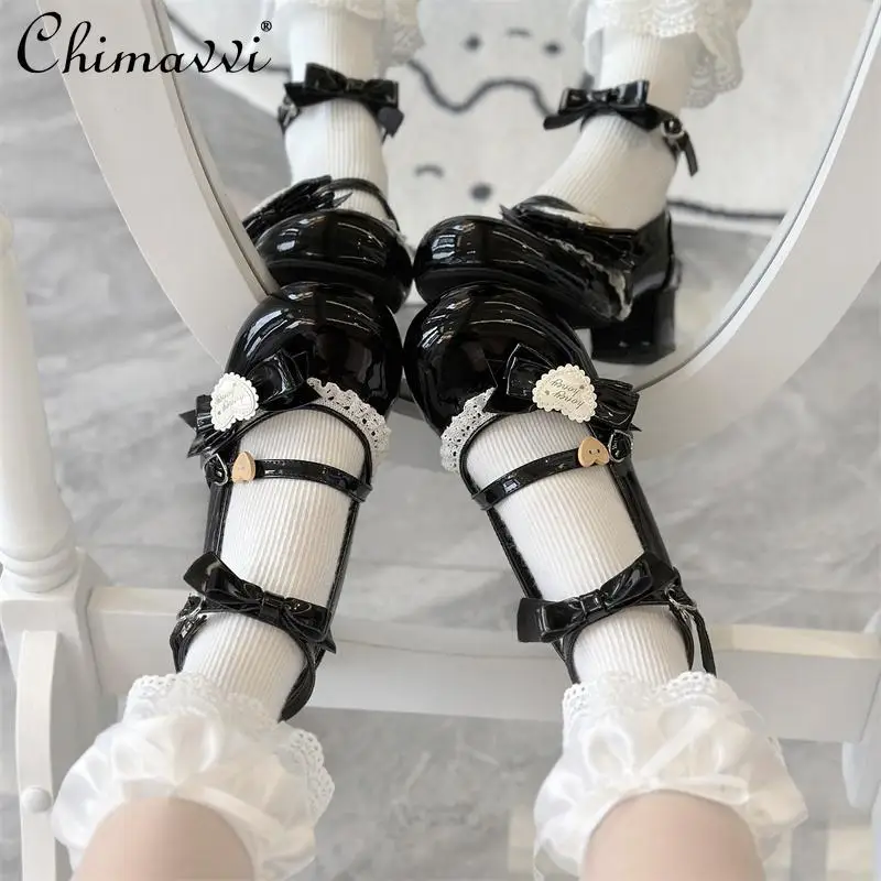 

Lolita Sweet Girl Middle Heel Round Head Lace Women's Shoes Cute Love Bow Princess Versatile Temperament Lo Mary Jane Shoes